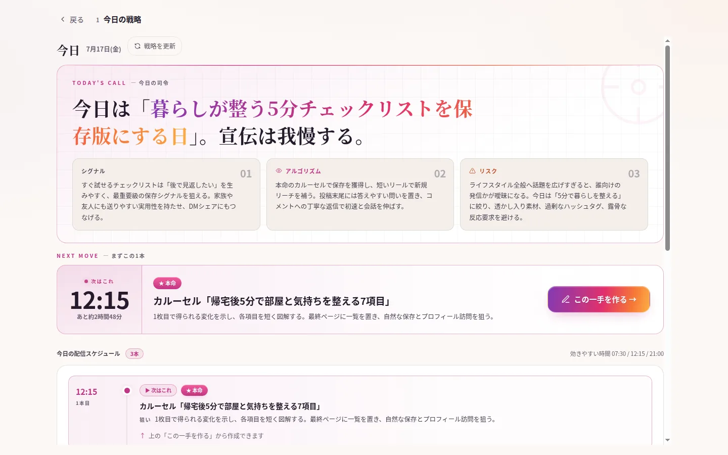 当日の投稿テーマと配信予定を自動で組み立てる画面